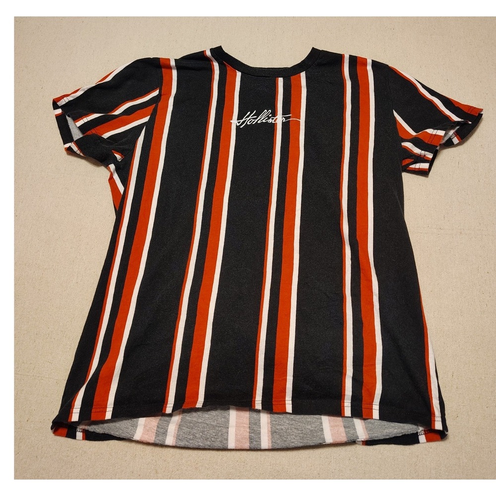 Hollister Mens Large Vertical Stripe T-Shirt‎ Black Orange White 100% Cotton L Q